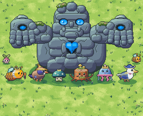 The Heartstone Colossus and creatures from the MindQuest lab, drawn in code, on the MindQuest meadow.